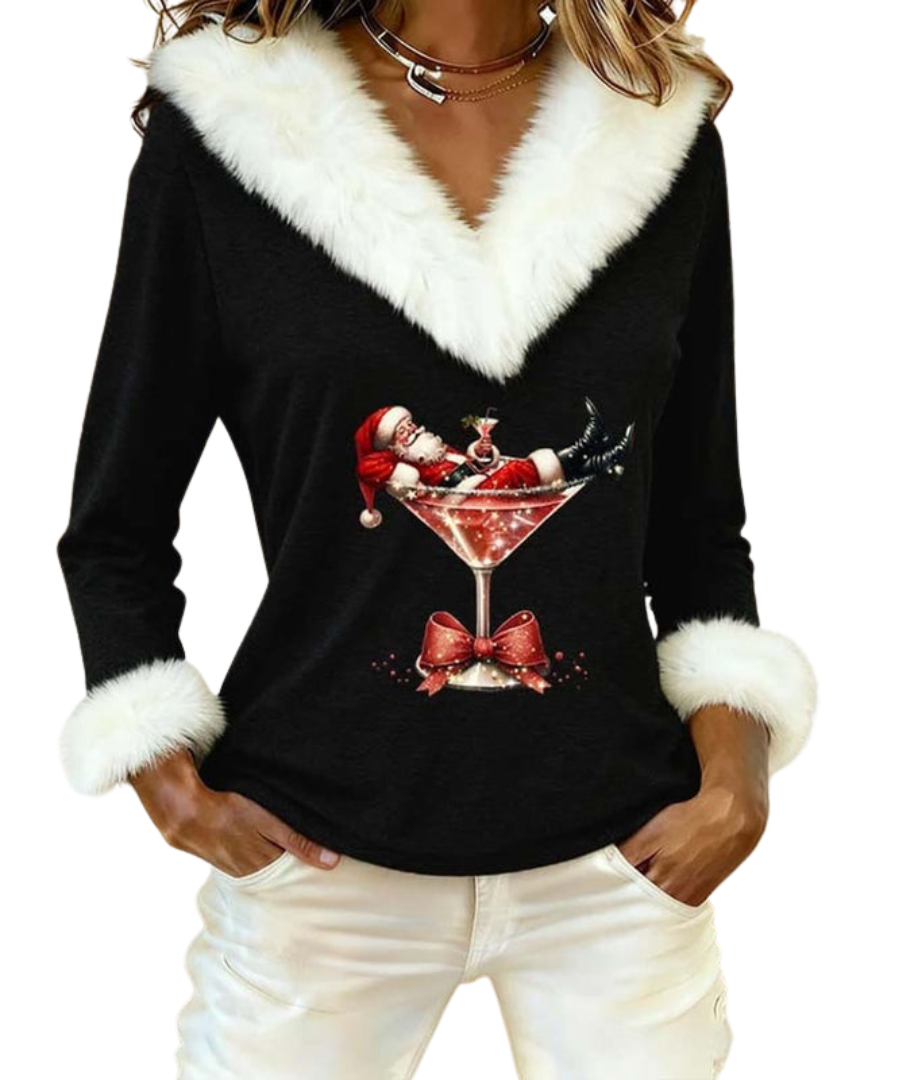 Faux Fur Trim V-Neck Santa Print Long Sleeve Holiday Top 5