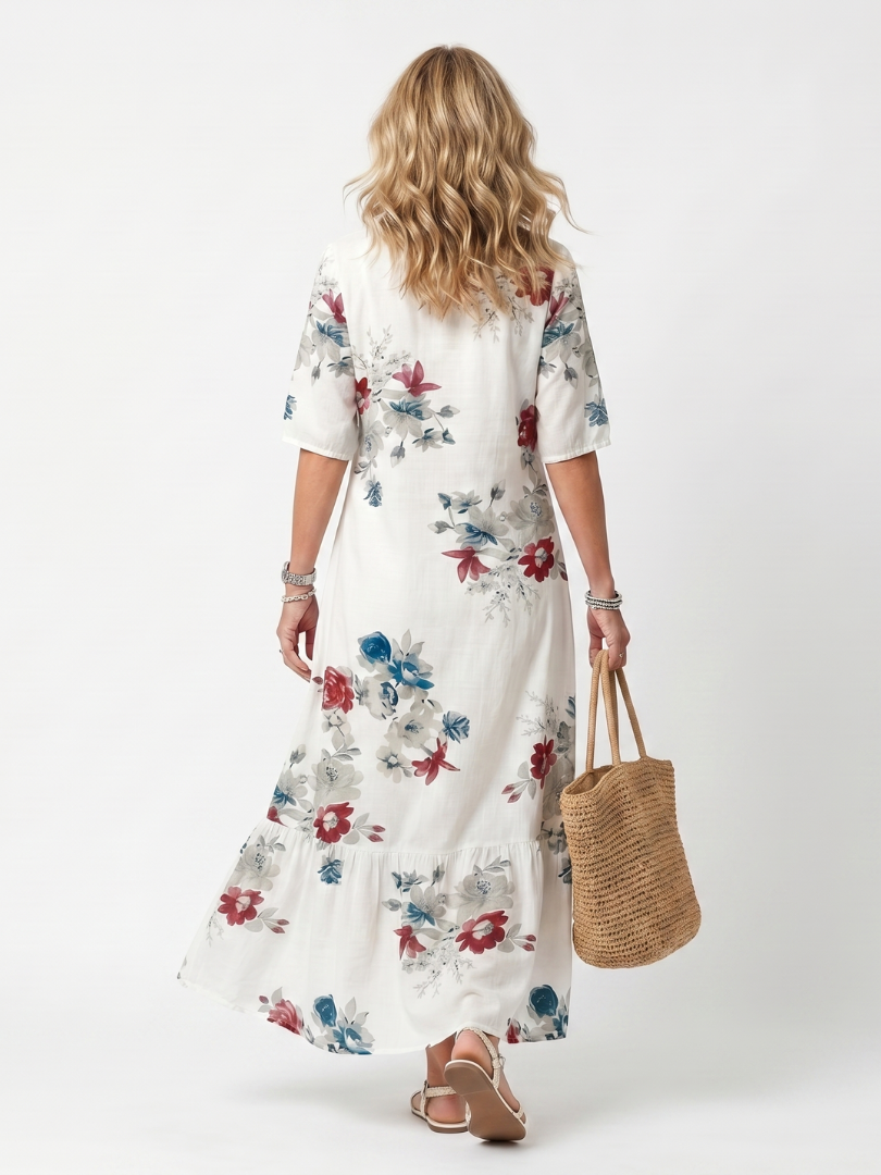 Floral Tassel Tie Neck Short Sleeve Tiered Maxi Dress 4