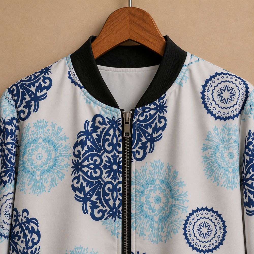 Cat and Music Print Zip Front Bomber Jacket 9