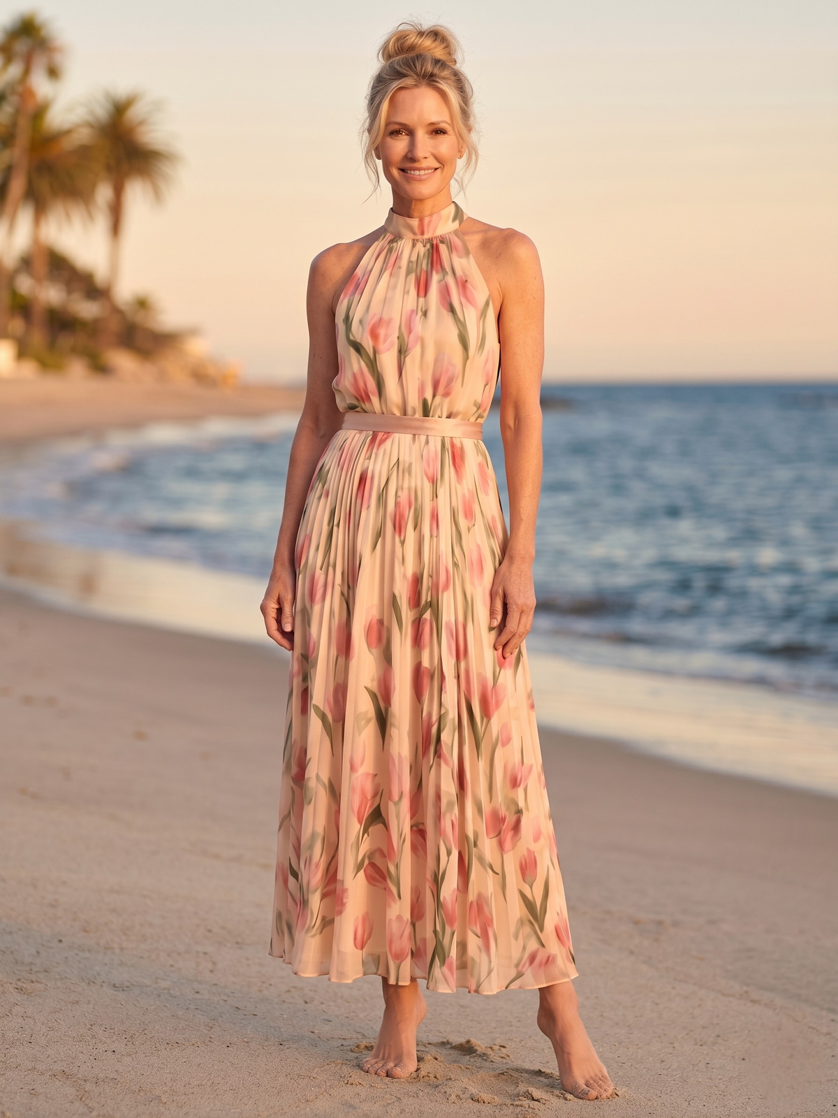 Floral Halter Neck Pleated Maxi Dress