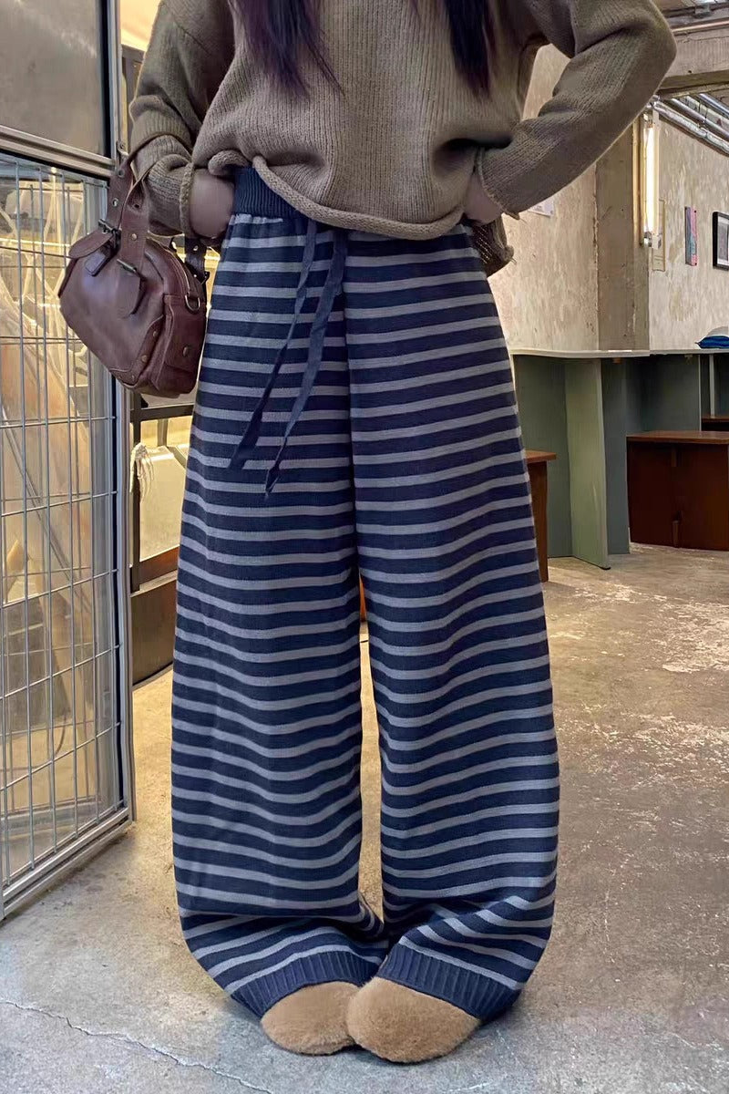 Striped Knitted Fleece High Waist Wide Leg Pants