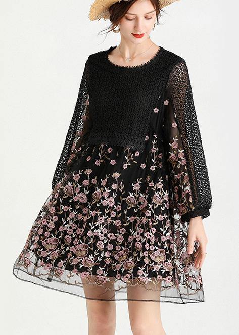 Lace Bodice Floral Embroidered Mesh Long Sleeve Mini Dress - View 3