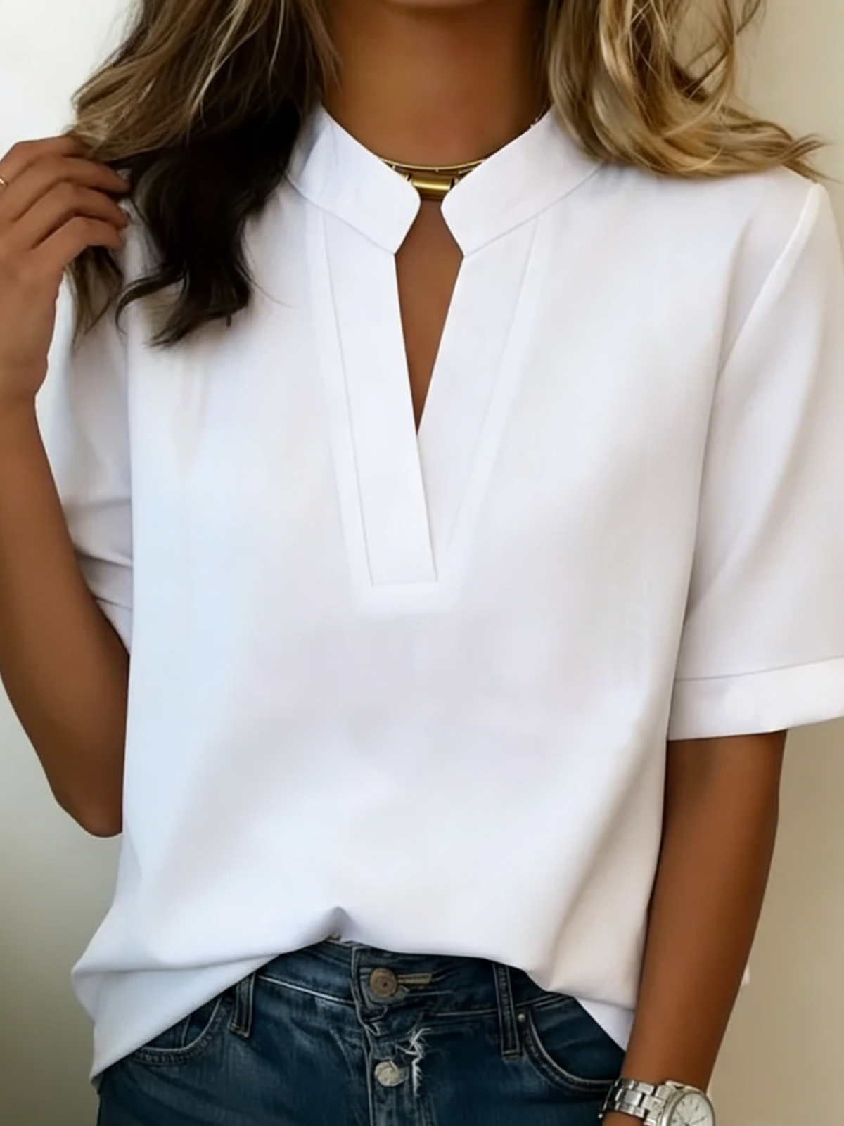 Stand Collar Notch Neck Short Sleeve Blouse 2
