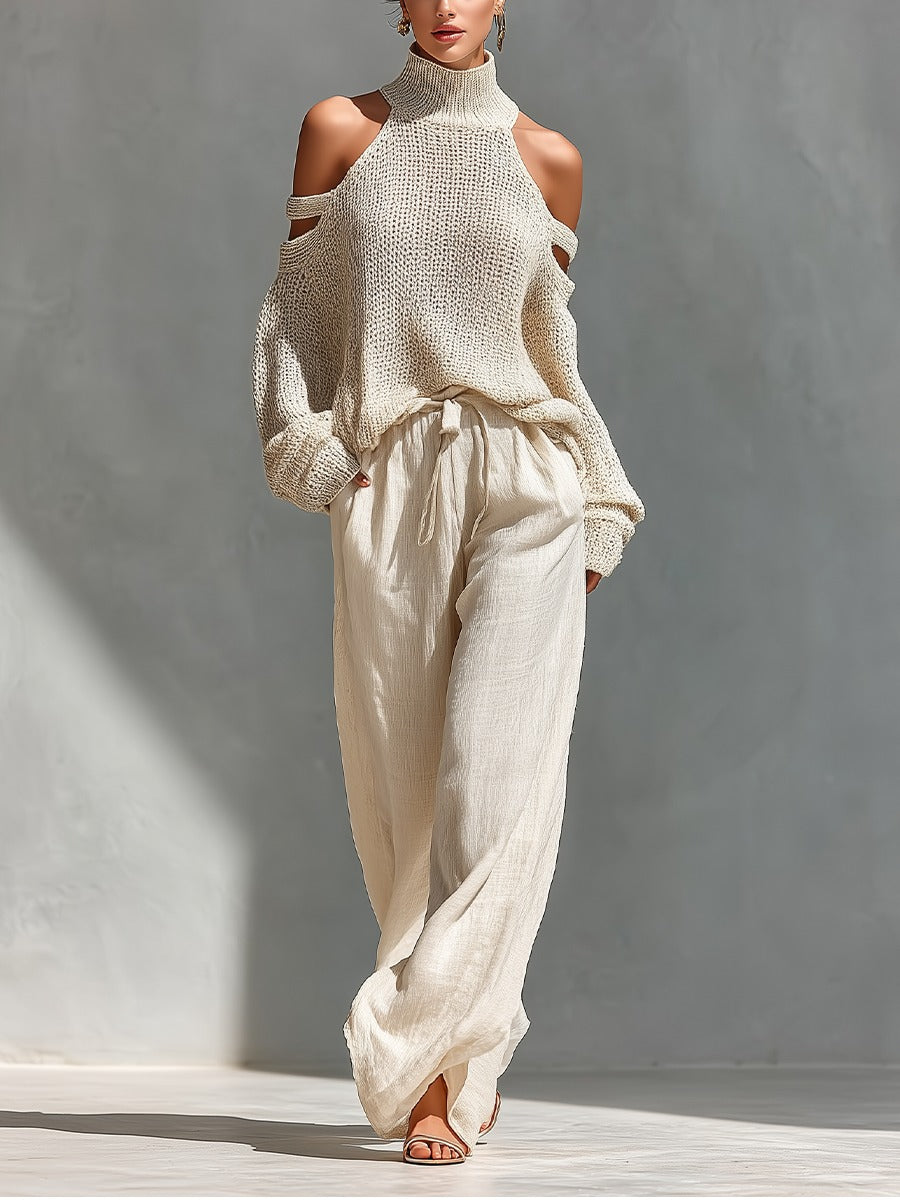 Cold Shoulder Mock Neck Knit Sweater and Wide Leg Pants Two Piece Set 3
