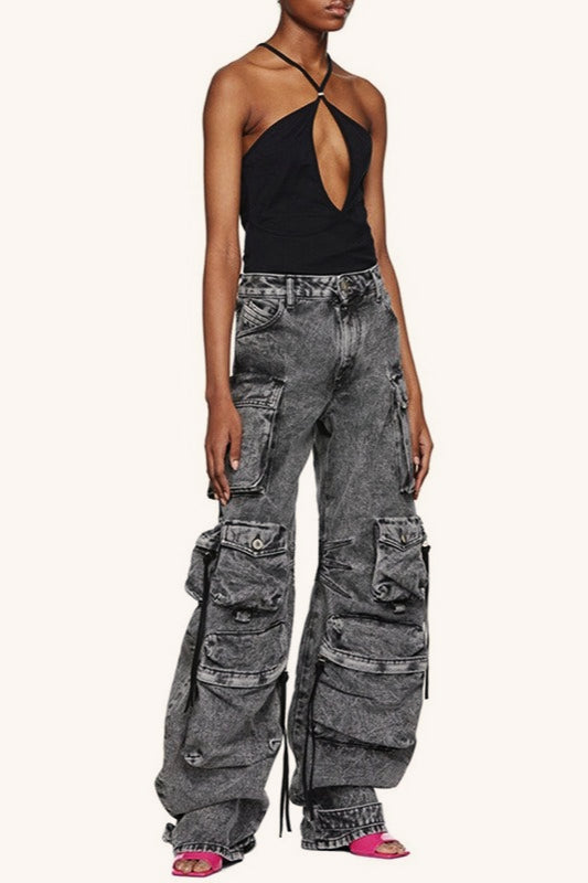 Washed Gray Patchwork Multi-Pocket Cargo Wide Leg Pants
