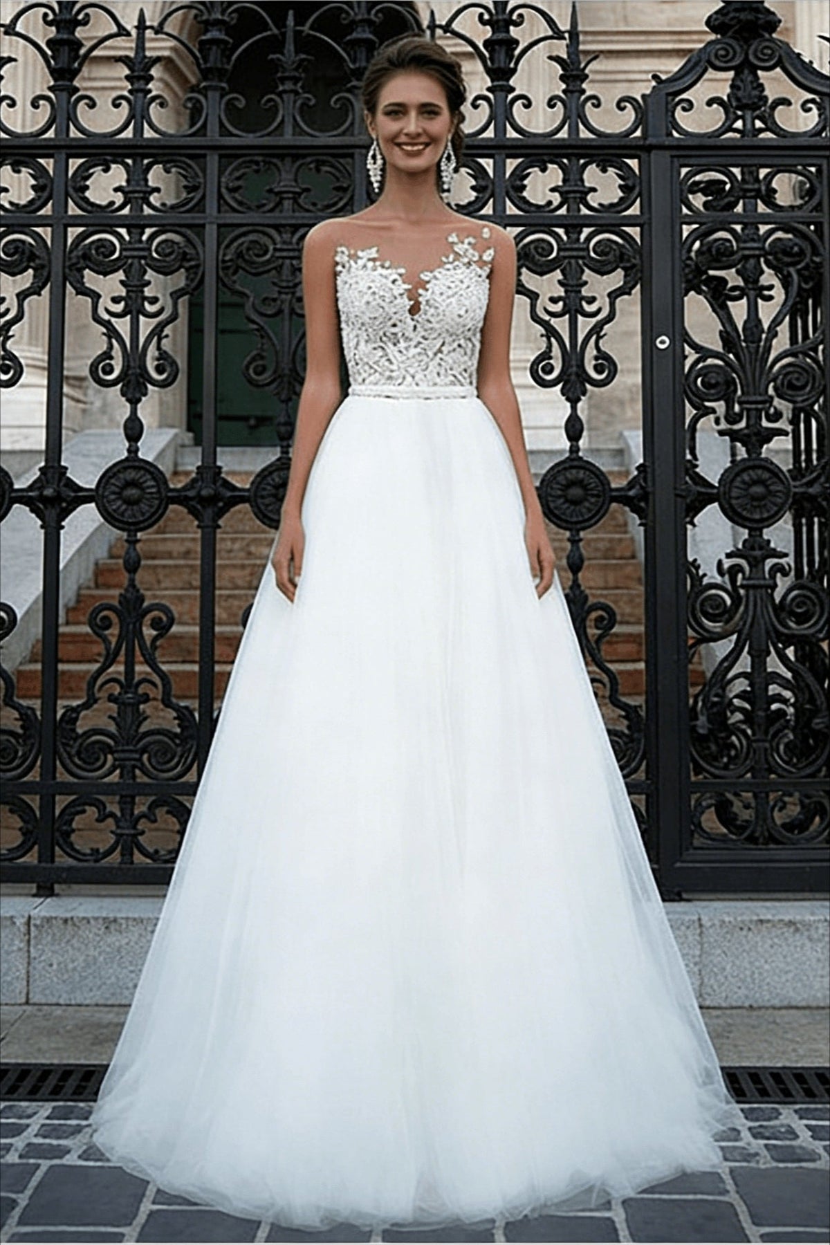 Sleeveless Illusion Lace Sweetheart Beaded Waist Tulle Gown - View 3