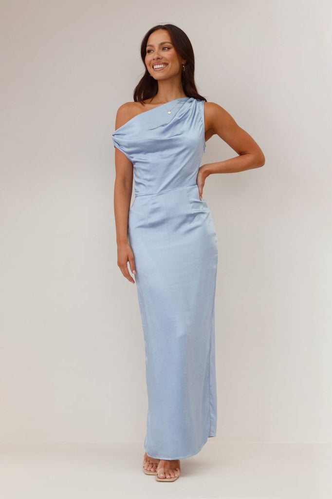 One Shoulder Cowl Neck Satin Maxi Dress