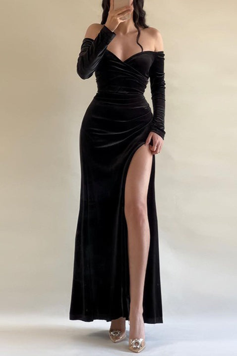 Velvet Off Shoulder High Split Formal Dress - View 4