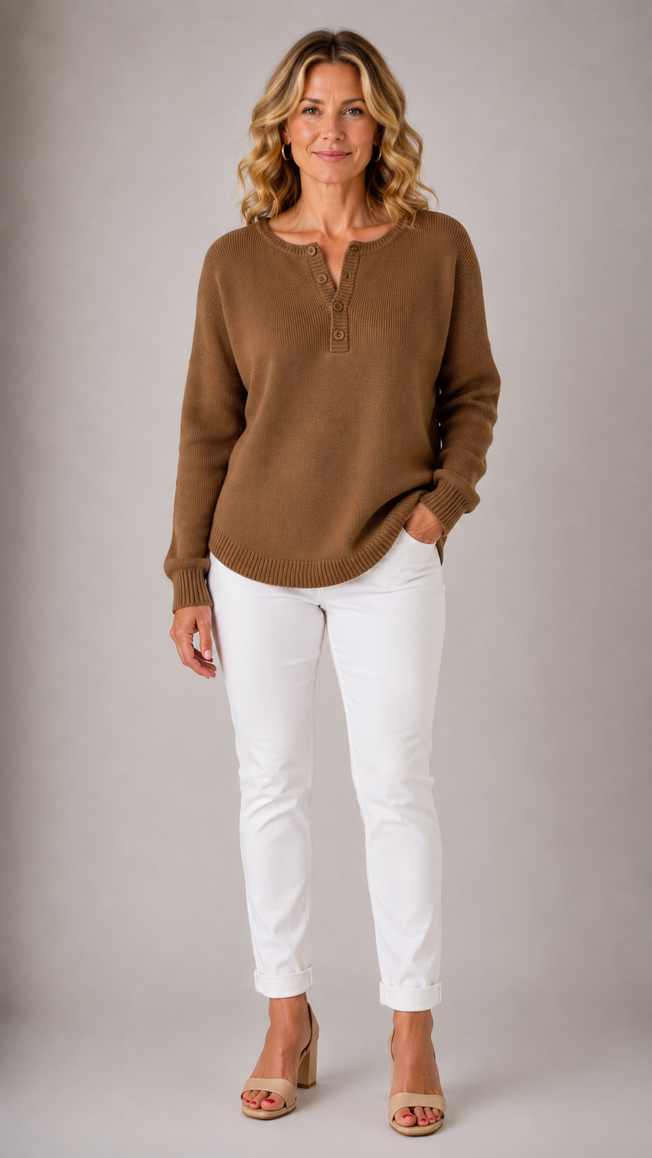 Button Placket Crew Neck Long Sleeve Knit Sweater