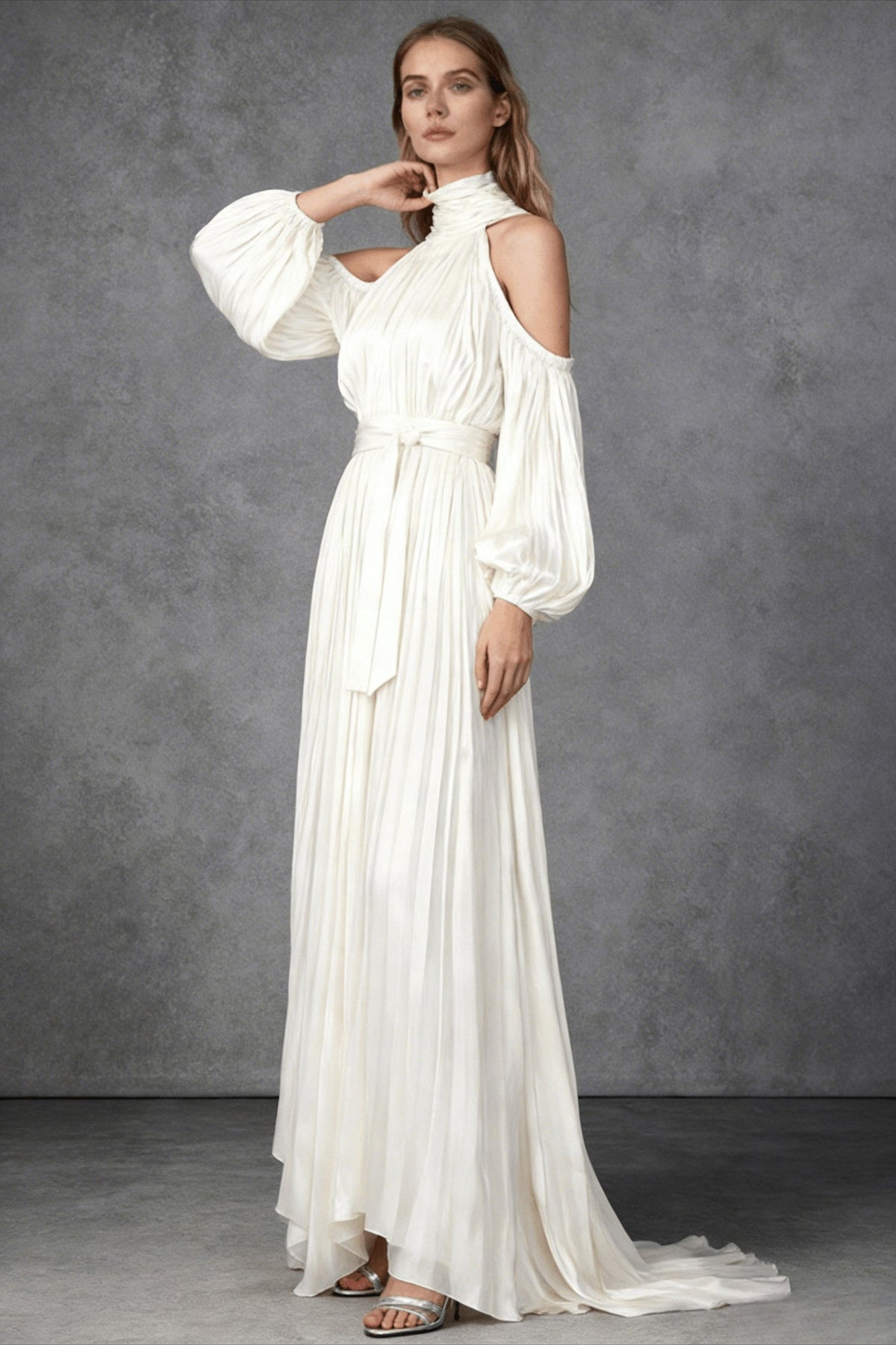 High Neck Cold Shoulder Balloon Sleeve Pleated High Low Maxi Dress 2