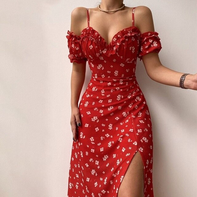 Cold Shoulder Puff Sleeve Sweetheart Ruffle Midi Cocktail Dress - View 2