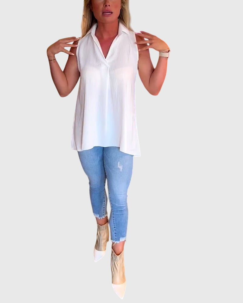 Collared Sleeveless High Low Blouse 6