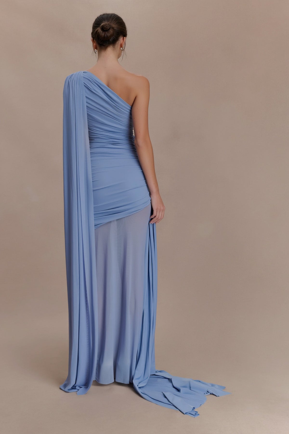 Mesh Paneled One Shoulder Cape Fitted Party Dress