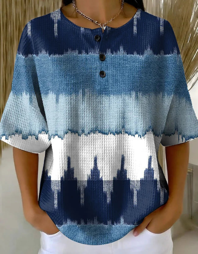 Abstract Print Waffle Knit Round Neck Short Sleeve Top