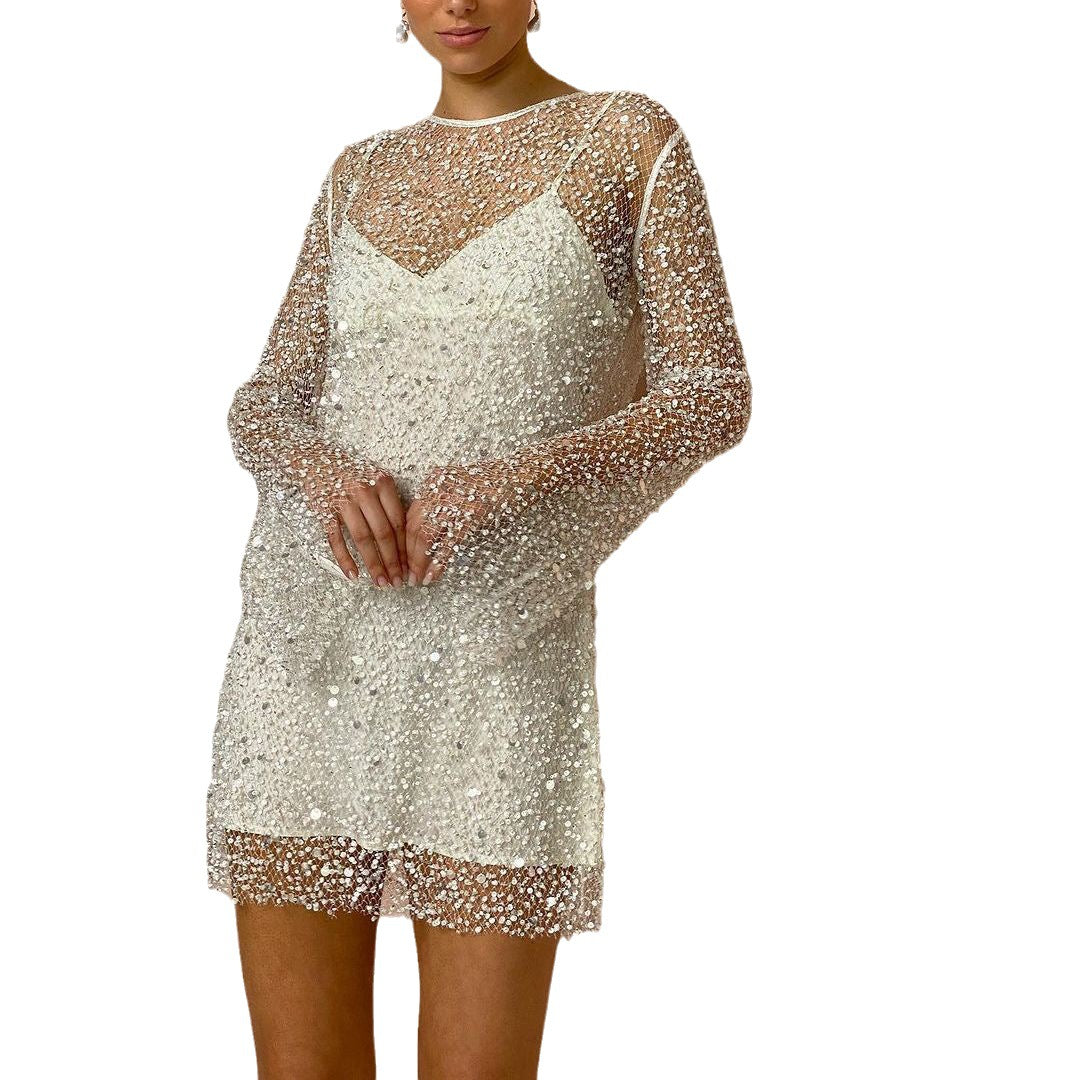 Sequin Crew Neck Long Sleeve Sheer Knit Mini Dress 2