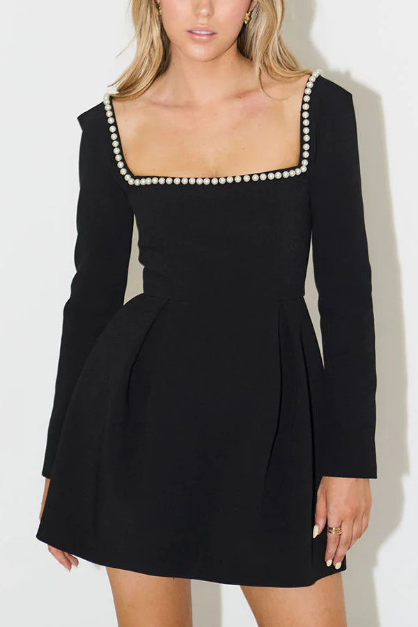 Embellished Square Neck Waist Mini Dress