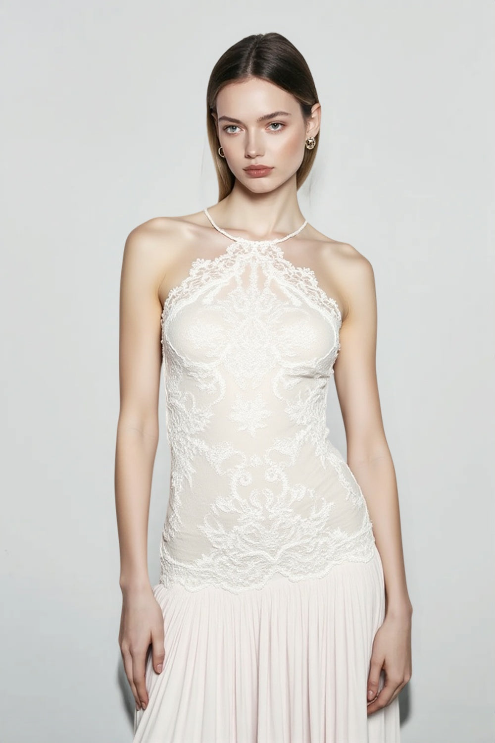 Halter Neck Floral Lace Backless Dropped Waist Maxi Dress - View 3