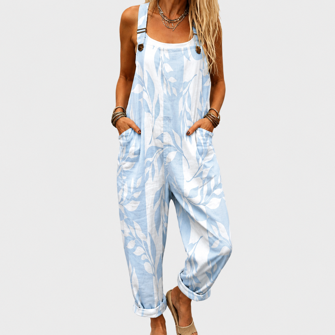 Leaf Print Adjustable Strap Sleeveless Wide Leg Overalls