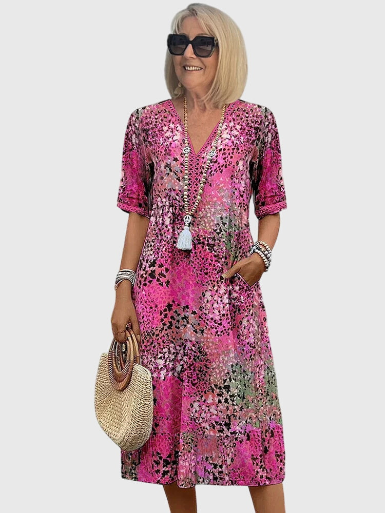 Animal Print V-Neck Short Sleeve Pocket Midi Dress 4