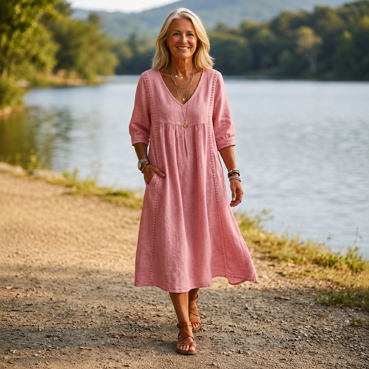 V-Neck 3/4 Sleeve Ladder Trim Linen Look Midi Dress 2