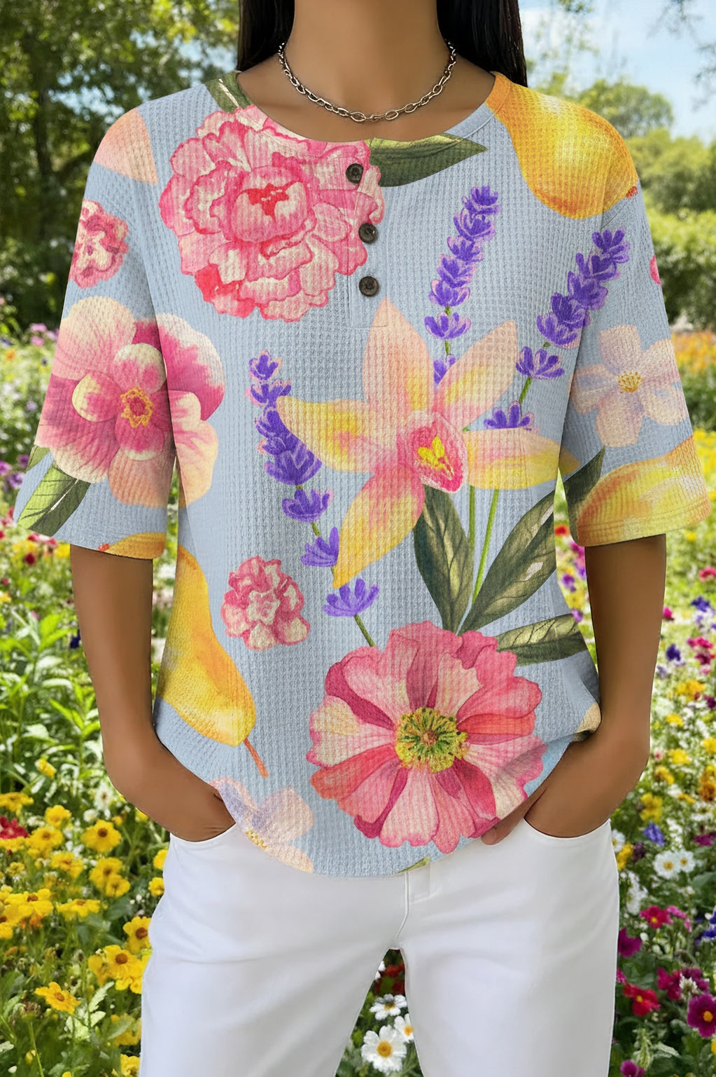 Watercolor Floral Print Short Sleeve Button Waffle Knit Top
