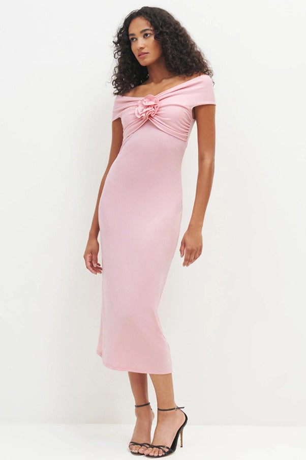 Off Shoulder Ruched Rosette Knit Bodycon Cocktail Dress - View 2