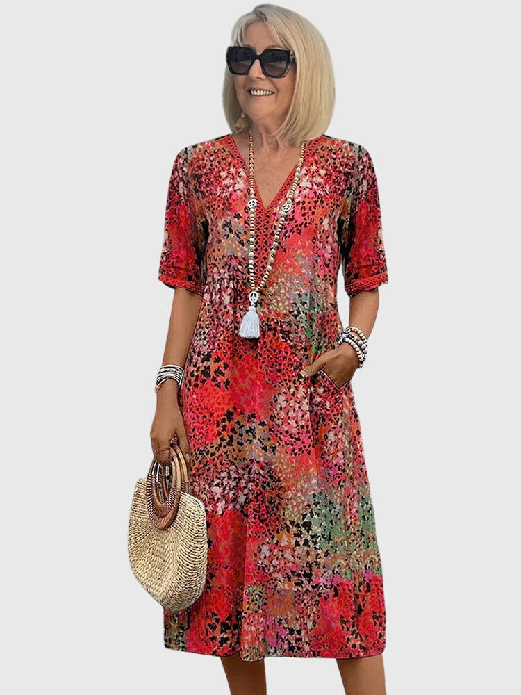 Abstract Print V-Neck Short Sleeve Midi Dress 3