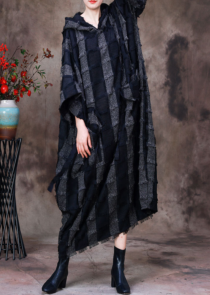 Hooded Patchwork Frayed Edge Pocket Drop Shoulder Maxi Dress - View 2