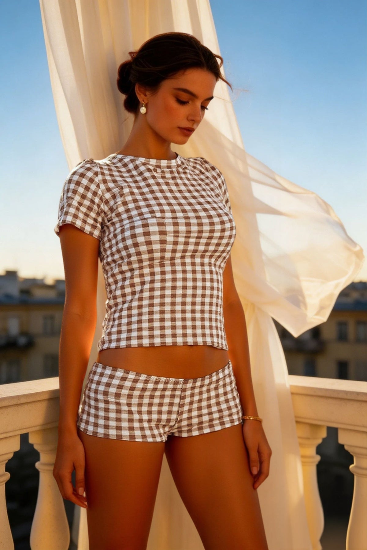 Plaid Print Crew Neck Short Sleeve T-Shirt Two-Piece