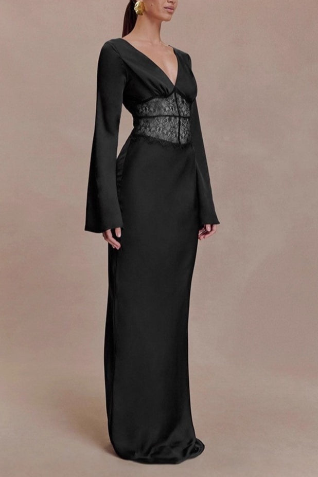 Deep V-Neck Lace Bodycon Maxi Dress