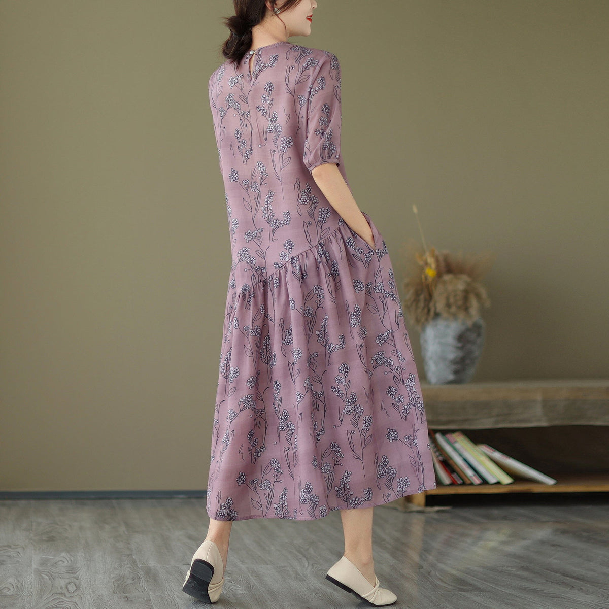 Floral Print Round Neck Short Puff Sleeve Asymmetrical Midi Dress - View 3