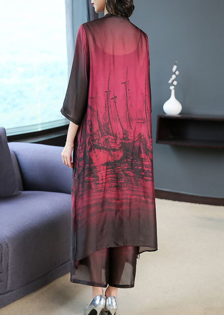 Abstract Print V-Neck Mandarin Collar Three-Quarter Midi Dress - View 4