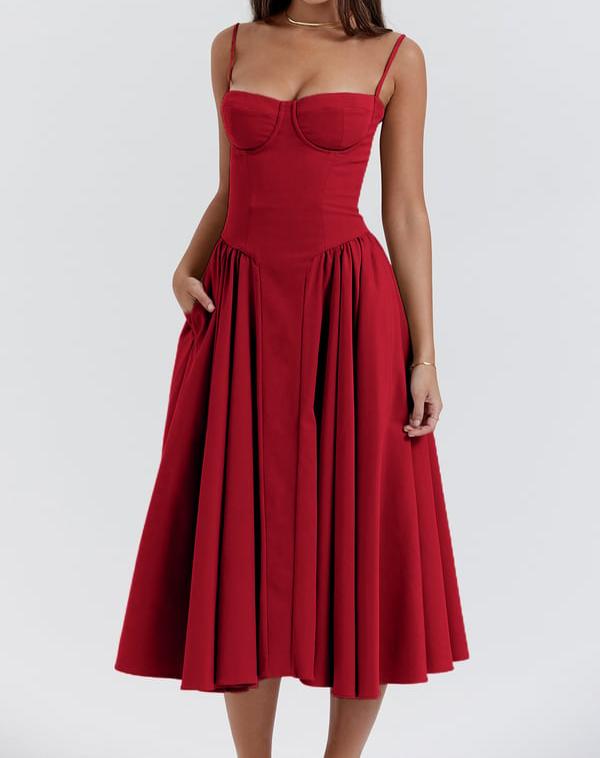 Spaghetti Strap Sweetheart Corset Fit and Flare Midi Dress - View 7