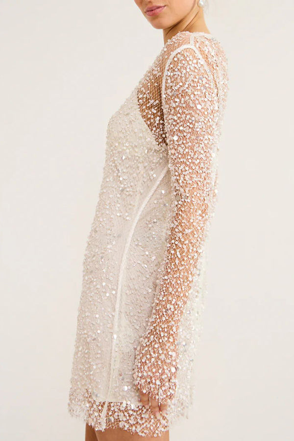 Sequin Pearl Long Sleeve Sheer Mini Dress - View 4
