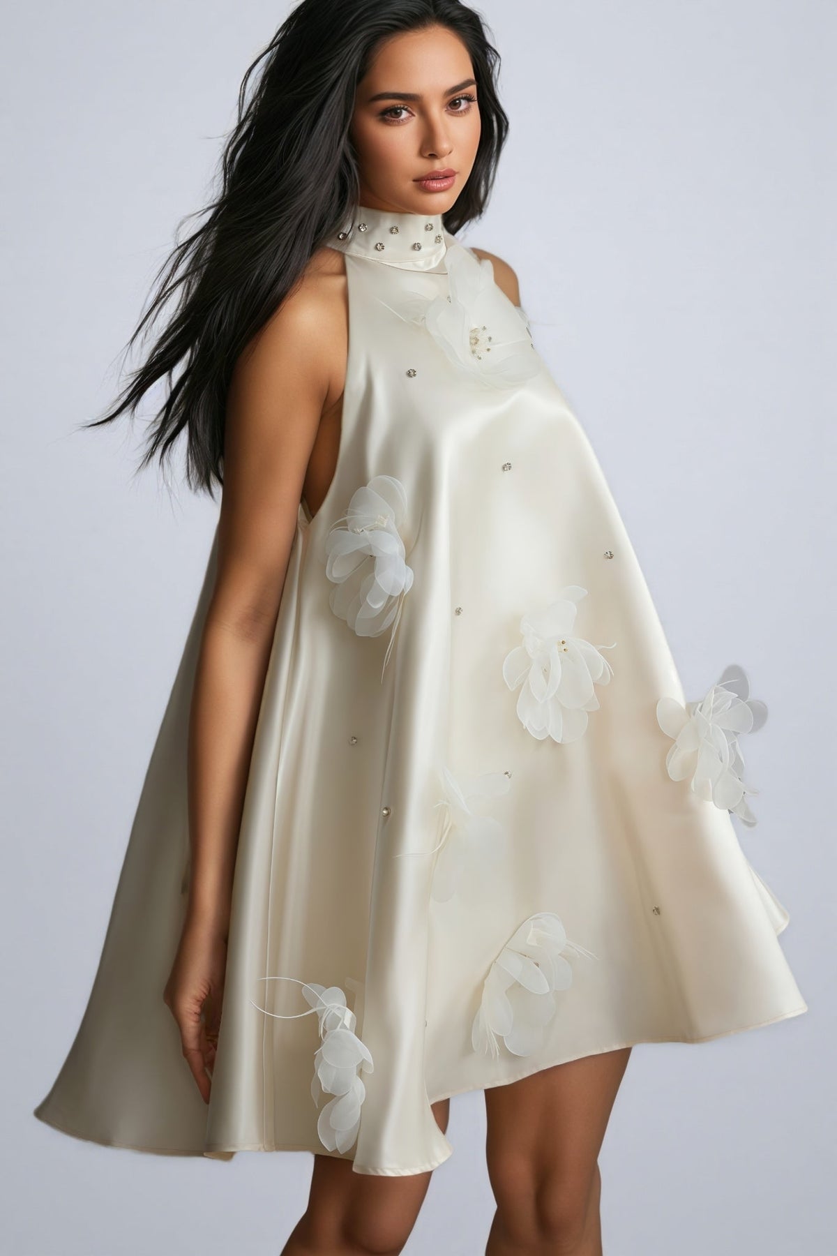 Floral Applique Halter Neck Sleeveless A-Line Mini Dress - View 5