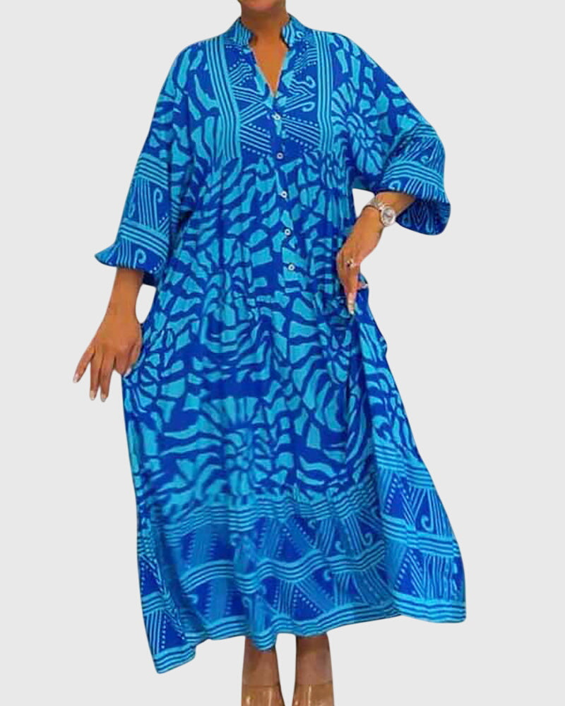 Abstract Print Button Front Long Sleeve Tiered Maxi Dress 7