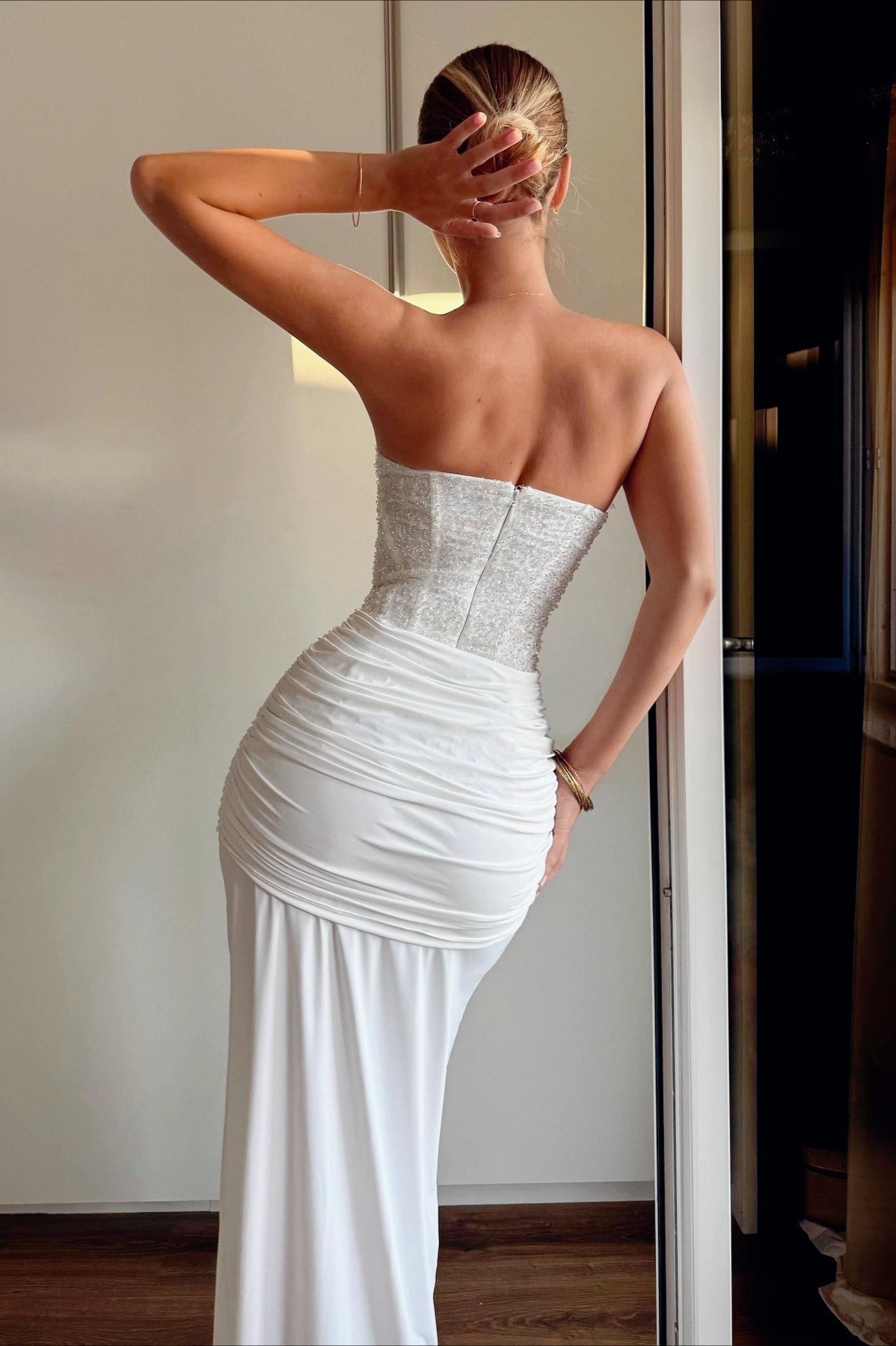 Sequin Strapless Corset Draped High Split Maxi Dress - View 5