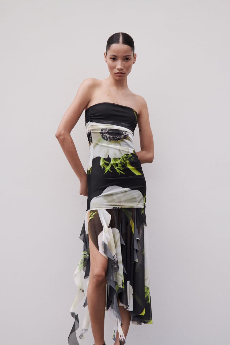 Floral Print Mesh Strapless High Low Midi Dress