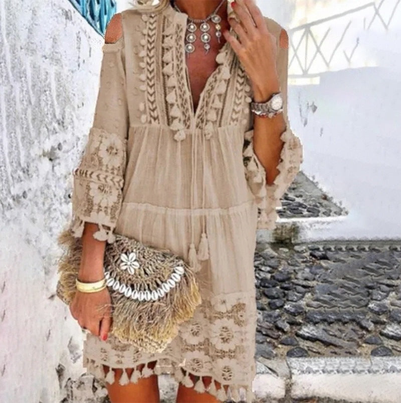 Deep V-Neck Tassel Trim Lace Insert Bell Sleeve Tiered Dress - View 9
