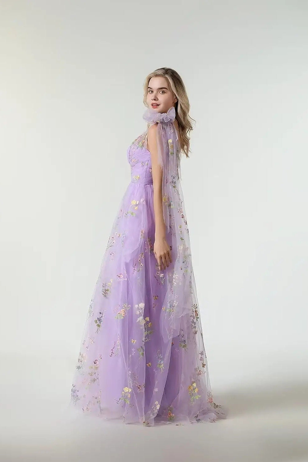 Floral Embroidered One Shoulder Tulle A-Line Prom Gown - View 4