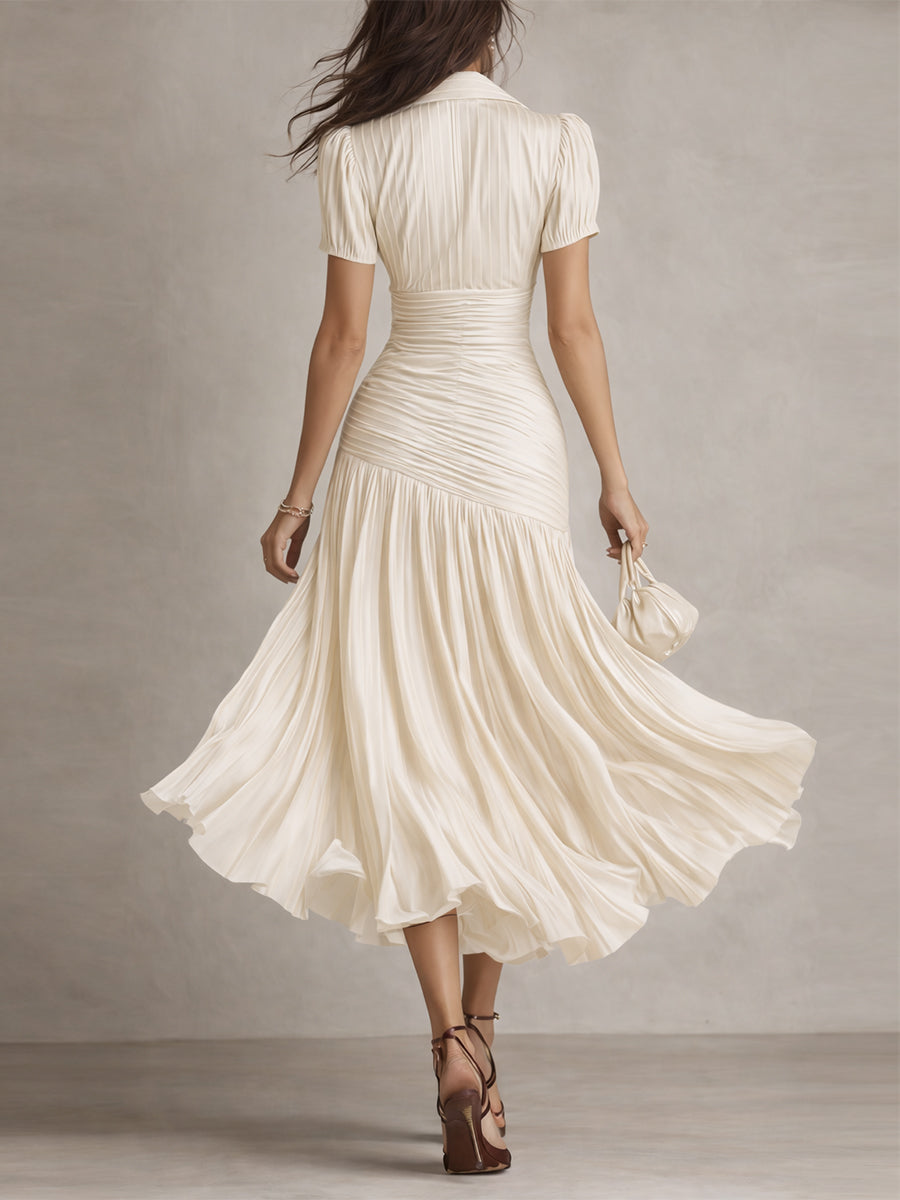 Striped Satin Collared Short Sleeve Ruched Pleated Fishtail Midi Dress 9