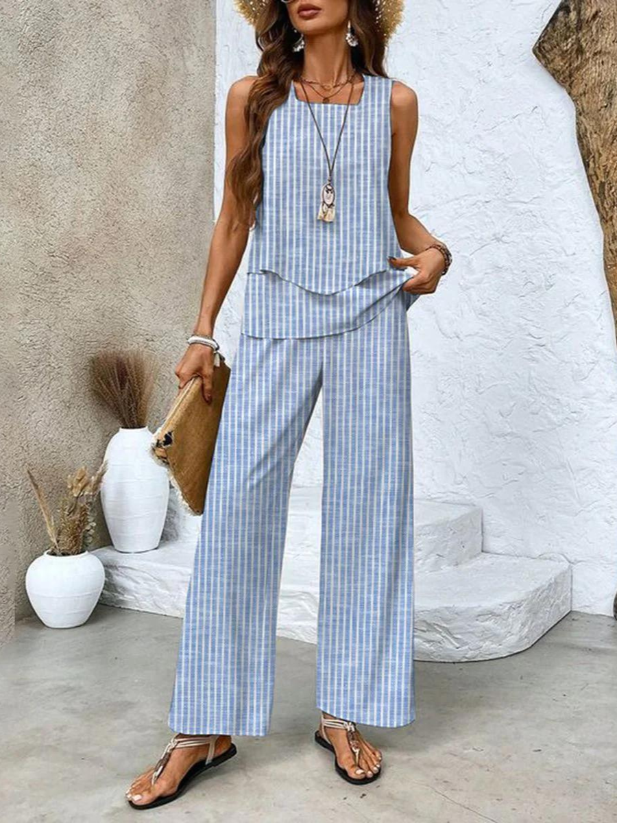Sleeveless Square Neck Top and Leaf Print Wide Leg Pants Two Piece Set 5