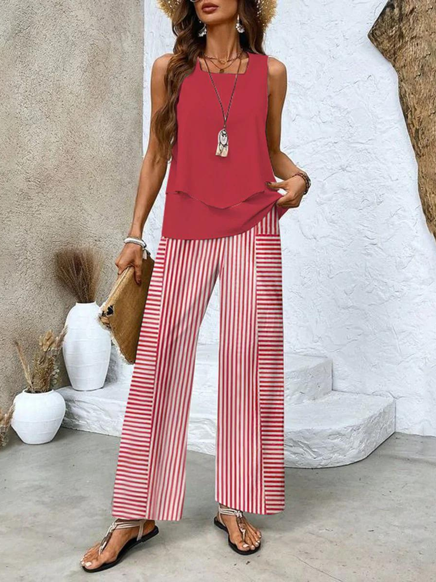 Square Neck Sleeveless Top and Leaf Print Wide Leg Pants Two Piece Set 4