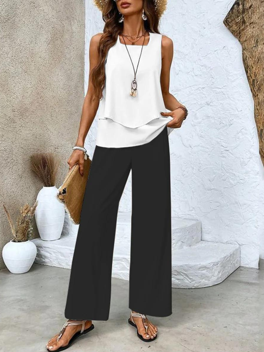 Square Neck Sleeveless Top and Leaf Print Wide Leg Pants Two Piece Set 8