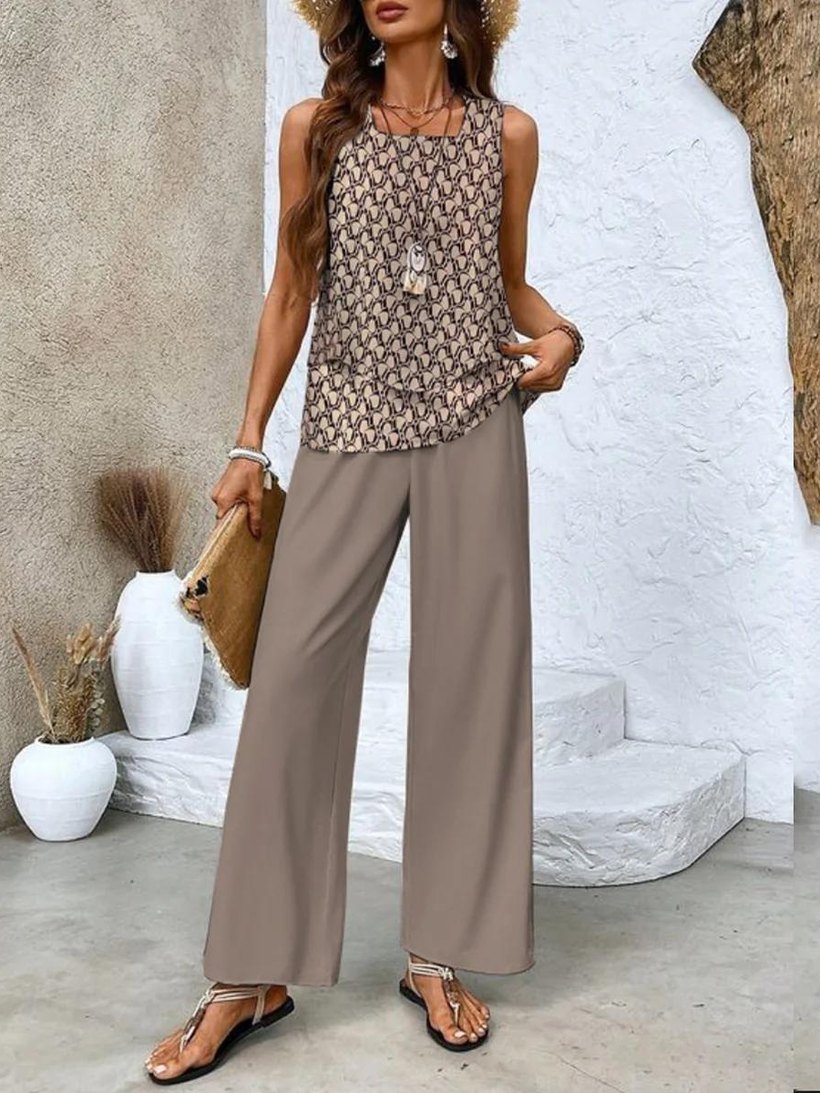 Square Neck Sleeveless Top and Leaf Print Wide Leg Pants Two Piece Set 6
