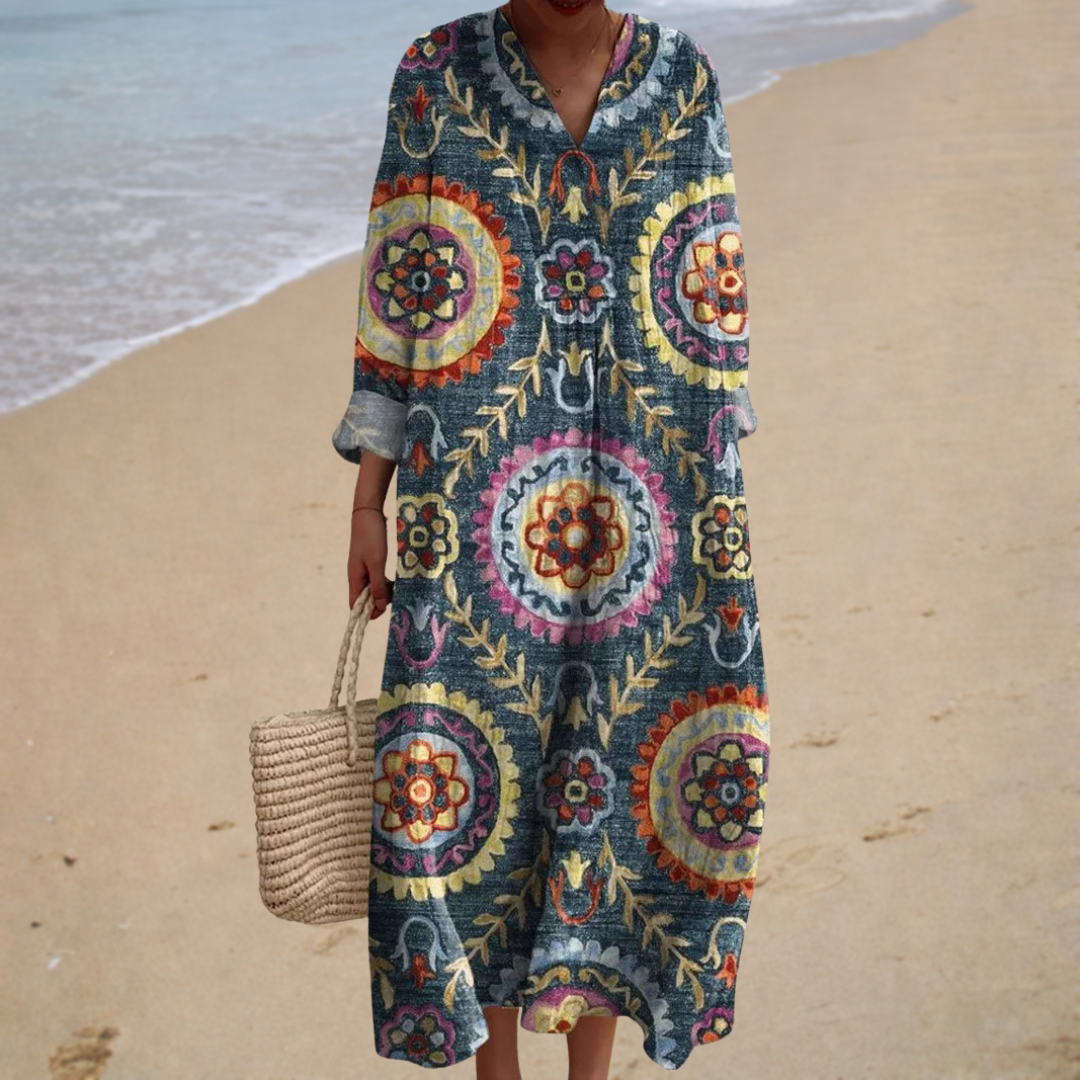 Medallion Print V-Neck Long Sleeve Maxi Dress