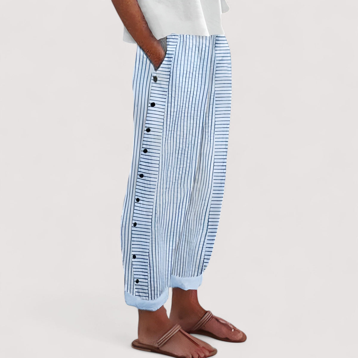Striped Button Side Elastic Waist Tapered Pants