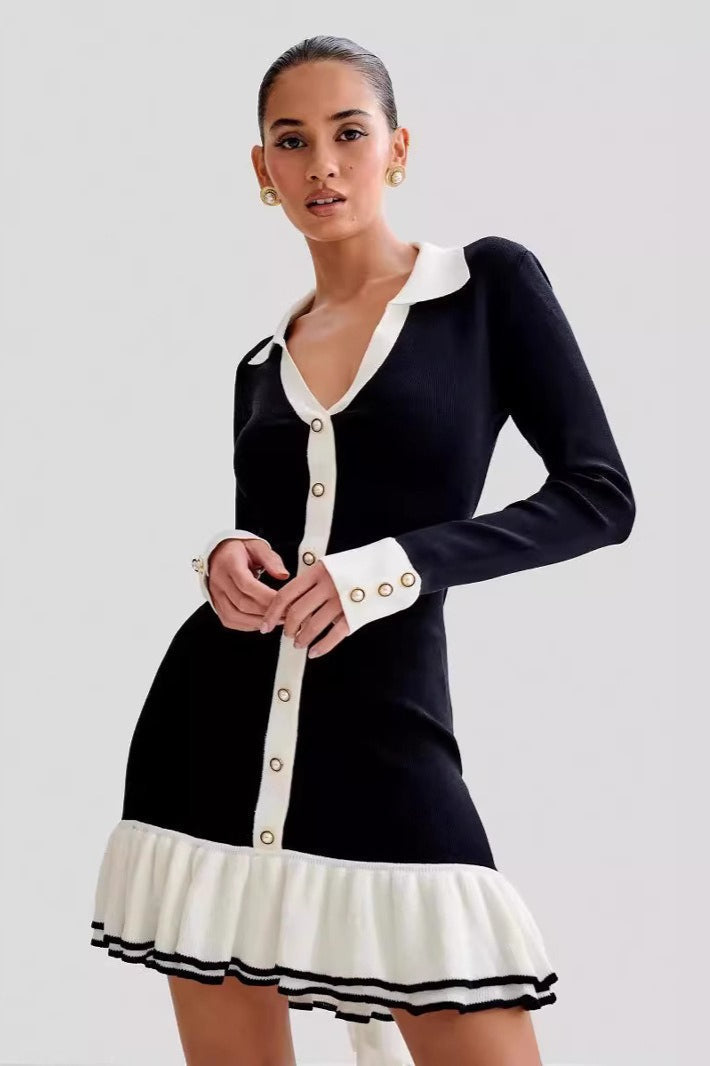 Bow Tie Ruffled Knit Pearl Midi Dress