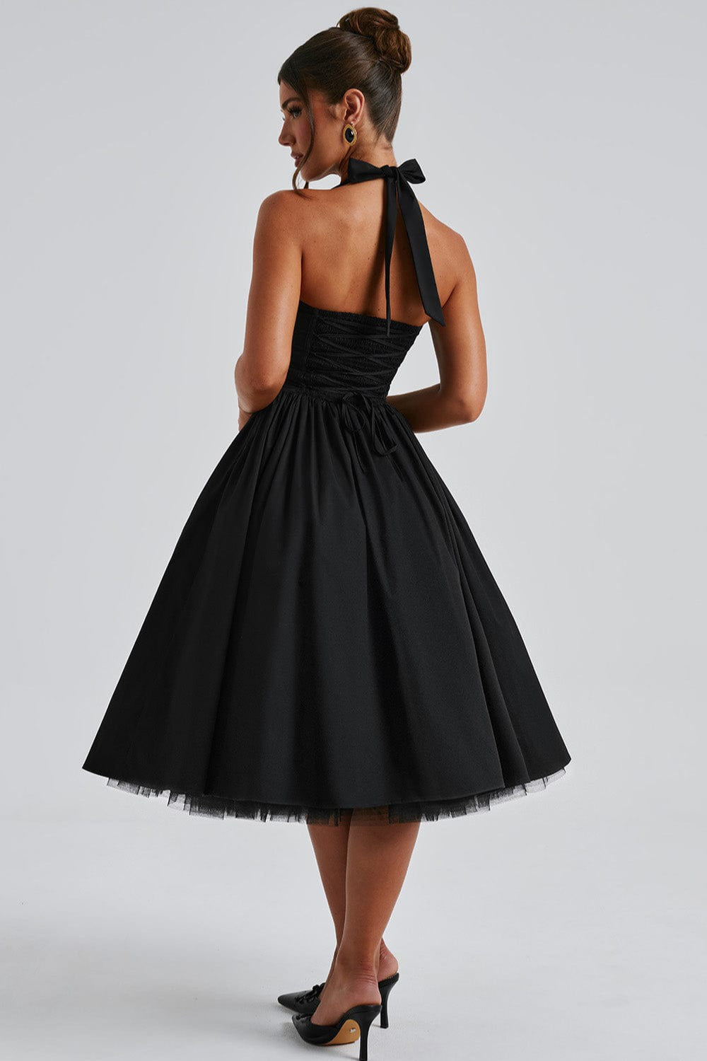Halter Neck Basque Waist Pocket Gathered A-Line Midi Party Dress - View 9