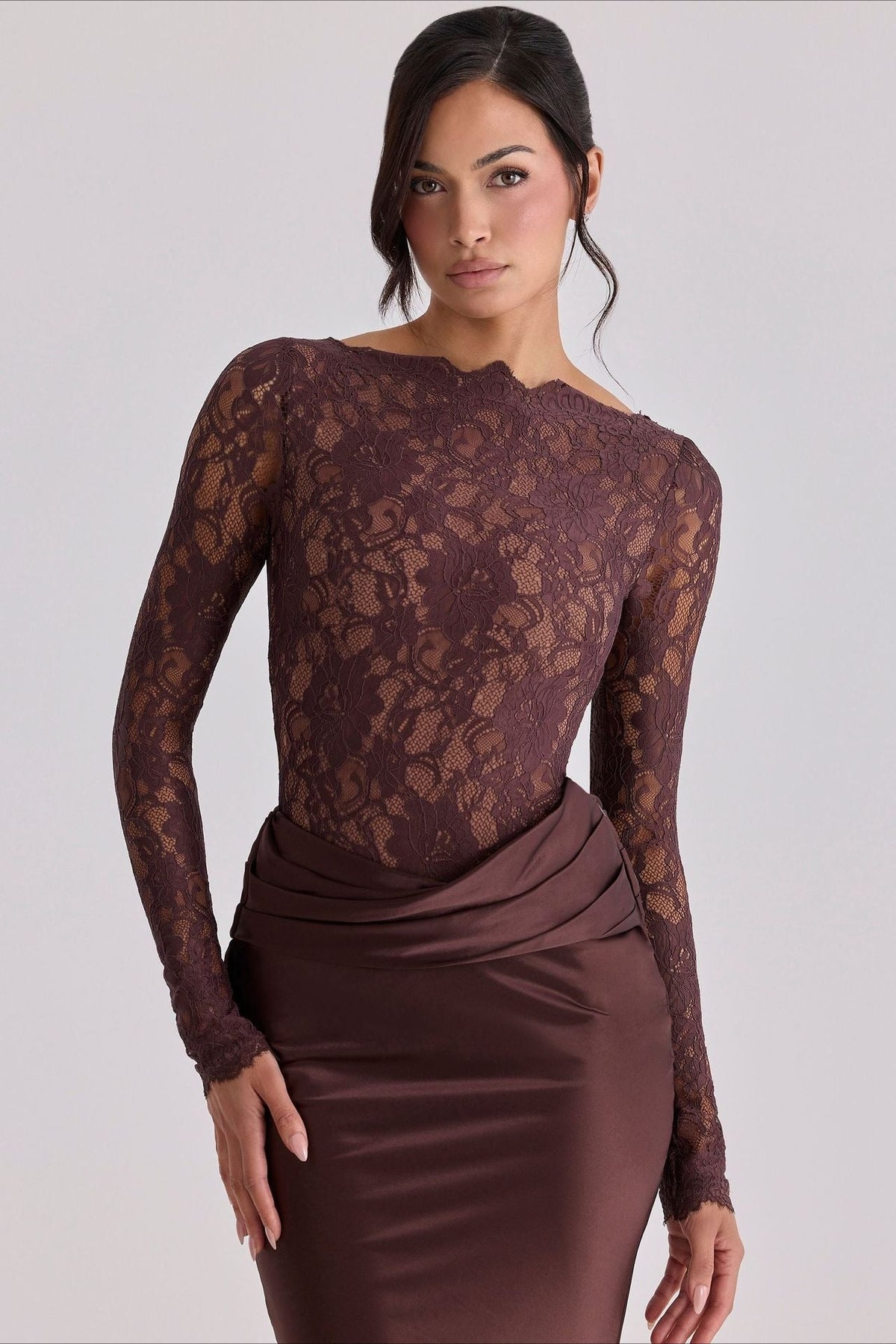 Lace Sheer Mesh Ruched Satin Maxi Dress